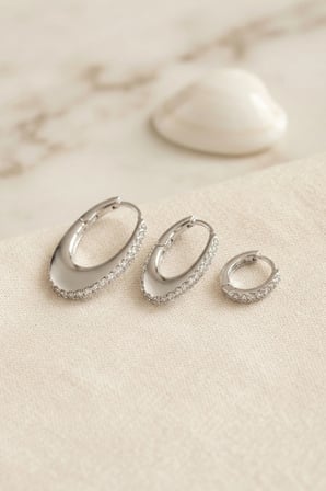 Gümüş Renk Oval Halka Model Zirkon Taşlı 3 lü Küpe Set