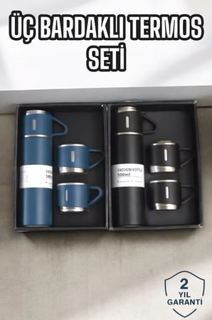 Şık Ve Dayanıklı 3 Bardaklı Termos Seti Uzun Süre Isı Koruma Özellikli
