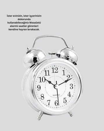 Dekoratif Yuvarlak Gümüş Sessiz Işıklı Masa Üstü Çalar Saat Alarmlı Ve Şık Tasarım