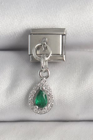 316L Çelik Gümüş Renk Sallantı Yeşil Zirkon Taşlı Damla Model Nomination Charm