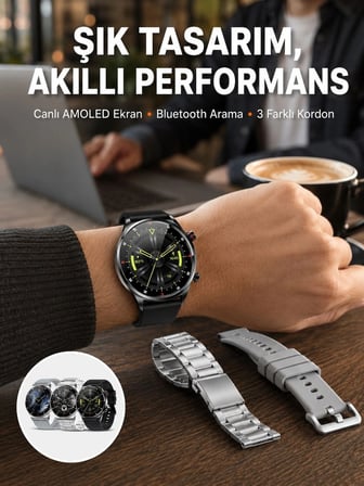 Akıllı Saat Çoklu Kordon Seçeneği Amoled Ekran Çok Fonksiyonlu Bluetooth Bağlantılı Yeni Nesil