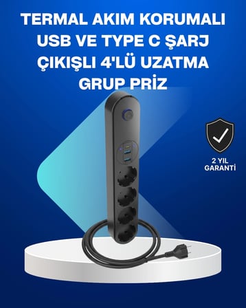 Akıllı Akım Dengelemeli 4’lü Çoklu Priz Type-c Ve Usb Çıkışlı