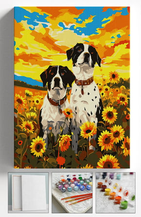 Sayılarla Boyama Seti Numaralı Tuval Fırça Boya Askı Aparatı Dahil Set 40x50 Cm - AY ÇİÇEĞİ İÇİNDE KÖPEKLER