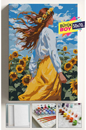 Sayılarla Boyama Seti Numaralı Tuval Fırça Boya Dahil Kasnaklı Set 50x70 Cm - AYÇİÇEĞİ TARLASI