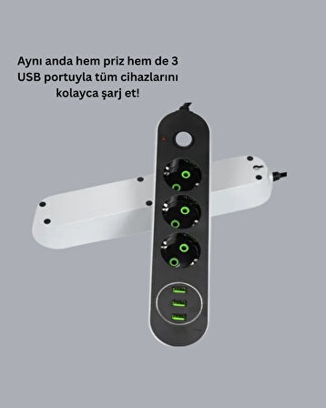 Akım Korumalı Anahtarlı USB Girişli Üçlü Priz