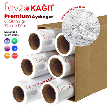 Feyza Kağıt® Plotter Aydınger (Çizim) Kağıdı  92gr  Rulo 75cm x 50mt (6 Rulo)