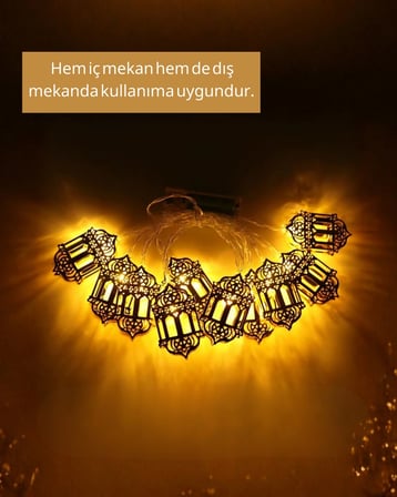 Hediye Ramazan Dekoru İçin Pilli Led Işık Altın Fener Tasarımlı