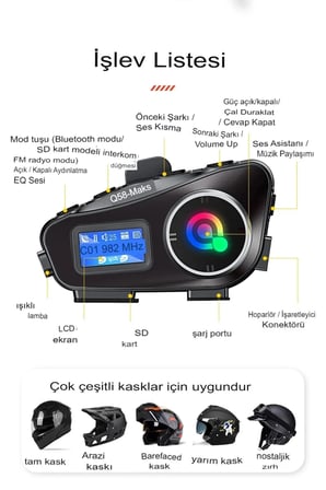 Hediye Q58-max Radyolu 2 Kişi Bağlantılı Bluetooth Kask Kulaklık Ekranlı Fenerli Müzik Ve Telsiz Intercom