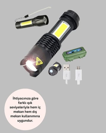 Hediye 4 Modlu Usb Şarjlı Led El Feneri Kamp Ve Outdoor