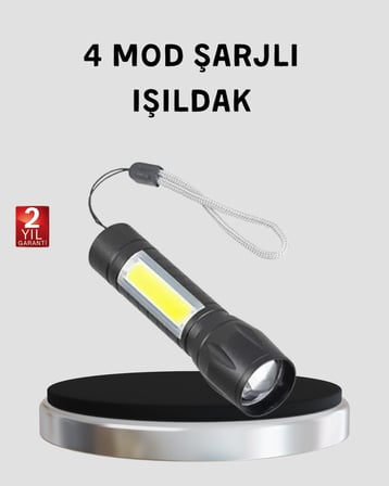 Hediye Ultra Dayanıklı 4 Mod Şarjlı Işıldak | Suya Ve Darbeye Dayanıklı | 100.000 Saat Led Ömrü