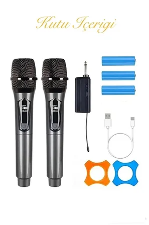 Hediye Profesyonel Çiftli Kablosuz Mikrofon Seti Karaoke Şarj Edilebilir 50 Metre