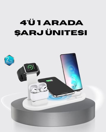 Hediye 4’lü Apple Uyumlu Kablosuz Şarj Standı İphone Watch Ve Airpods Çoklu Şarjlı