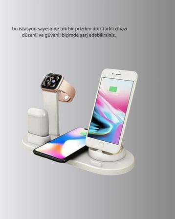 Hediye 4’lü Apple Uyumlu Kablosuz Şarj Standı İphone Watch Ve Airpods Çoklu Şarjlı
