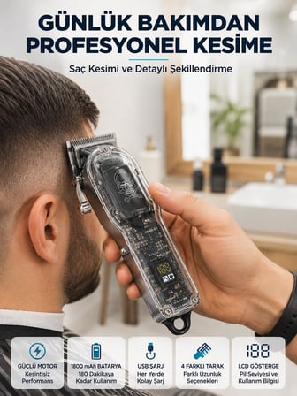 Hediye Şarjlı Saç Kesme Makinesi 4 Farklı Taraklı Lcd Pil Göstergeli Usb Şarjlı Profesyonel Erkek Tıraş Makinesi