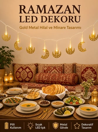 Hediye Minareli Hilal Led Işık Gold Metal Gövdeli Pilli Ramazan Dekoru