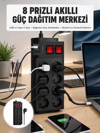 Hediye 2 Metre Güçlü Çoklu Priz 8 Soket Yeni Nesil