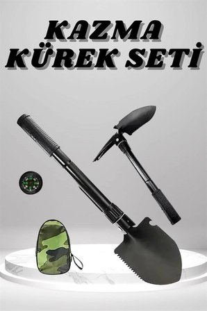 Hediye Kazma Kürek Seti Pusulalı Katlanır Portatif Kazma Kürek Seti Çok Fonksiyonlu Katlanabilir