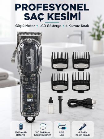 Hediye Profesyonel Erkek Tıraş Makinesi Güçlü Motorlu Lcd Göstergeli 1800 Mah Bataryalı Usb Şarjlı Saç Kesme Makinesi