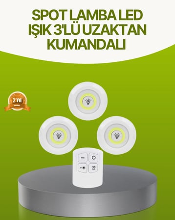 Hediye Uzaktan Kumandalı 3 Lü Kablosuz Led Spot Lamba Seti Yapışkanlı Pratik Kullanım