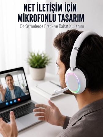 Hediye Bluetooth 5.0 Beyaz Kulak Üstü Kablosuz Kulaklık Mikrofonlu Rgb Aydınlatmalı