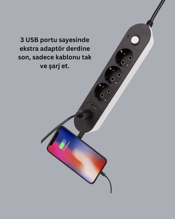 Hediye Hızlı Şarj Özellikli 3 Usb Girişli Üçlü Priz