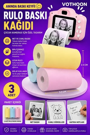 Hediye Çocuk Fotoğraf Makinesi Yedek Termal Baskı Kağıdı Renkli (3 Lü Rulo) – 57x25mm