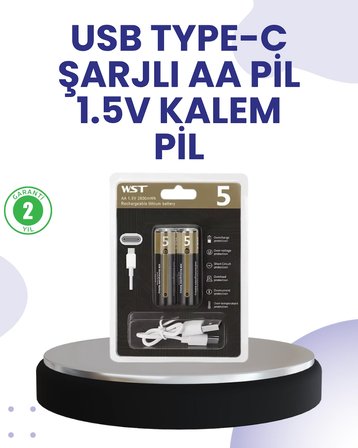 Hediye Type-c Usb İle Hızlı Şarj Edilebilir Aa Kalem Pil | 1.5v Lityum | Çiftli Paket