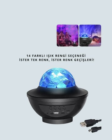 Hediye Sesle Etkileşimli Yıldız Projektörlü Gece Lambası – Bluetooth Hoparlörlü, Usb Girişli, Dönen Okyanus