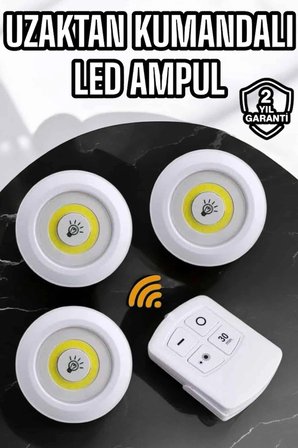 Hediye Spot Lamba Led Işık 3'lü Uzaktan Kumandalı Pilli Yapışkanlı Kablosuz