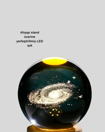 Hediye Samanyolu Desenli Kristal Küre Ahşap Standlı Gün Işığı Led Masa Lambası