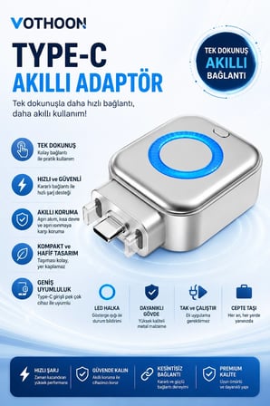 Hediye Akım Korumalı Type-c Akıllı Şarj Ayırıcı Otomatik Şarj Kesici Batarya Koruma Adaptörü Hızlı Şarj Destekli