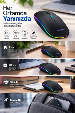 Hediye 8 10 Metre Menzilli Şarj Edilebilir Kablosuz Mouse
