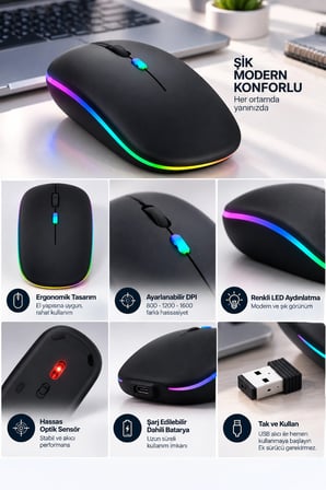 Hediye 8 10 Metre Menzilli Şarj Edilebilir Kablosuz Mouse