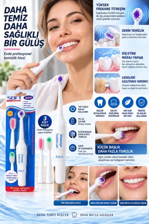 Hediye Elektrikli Masajlı Diş Fırçası 3 Başlıklı Derin Temizlik