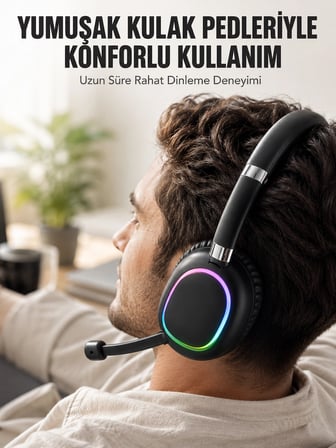 Hediye Bluetooth 5.0 Rgb Işıklı Mikrofonlu Kablosuz Kulak Üstü Kulaklık
