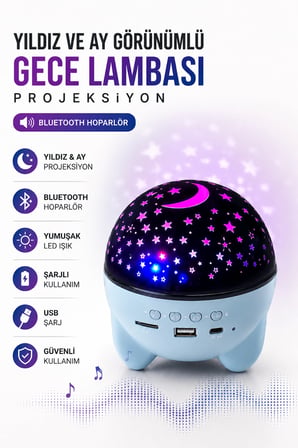 Hediye Gökyüzü Temalı Bluetooth Ve Hoparlörlü Şarjlı Çocuk Gece Lambası