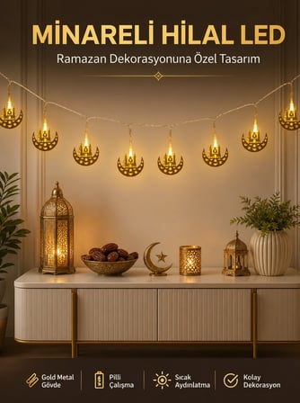 Hediye Dekoratif Minareli Hilal Led Işık Metal Gövdeli Ramazan Aydınlatma