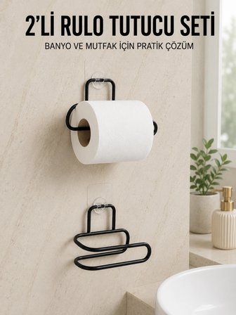 Hediye 2’li Yapışkanlı Tuvalet Kağıdı Tutucu Siyah Metal Duvar Tipi Rulo Kağıtlık