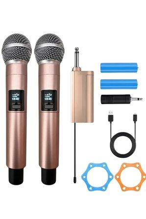Hediye Profesyonel Çiftli Kablosuz Mikrofon Seti Karaoke Şarj Edilebilir 50 Metre Mesafe Rose