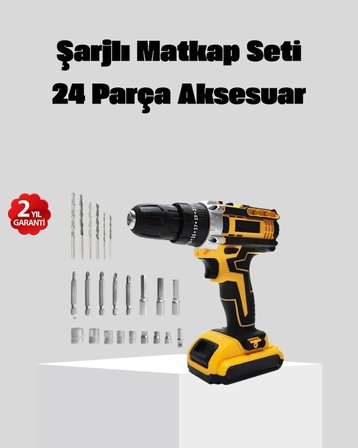 Hediye 24 Parça Çift Bataryalı Akülü Darbeli Matkap – Güçlü Motor, Metal Dişli, Led Işıklı