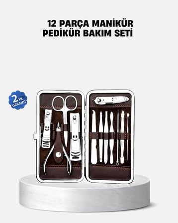 Hediye Özel Deri Çantalı 12 Parça Manikür Pedikür Bakım Seti Paslanmaz Çelik