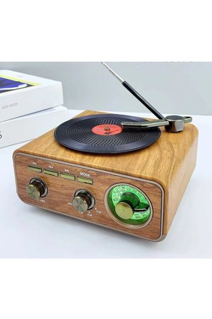 Hediye Nostaljik Tasarım Plak Çalar Görünümlü Radyolu Bluetooth Hoparlör Retro Müzik Plak Açık Kahverengi