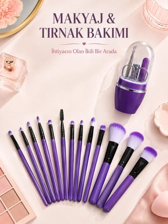 Hediye Makyaj Ve Tırnak Bakım Seti 12’li Mor Makyaj Fırçaları Manikür Pedikür Seti Günlük Kişisel Bakım Paketi