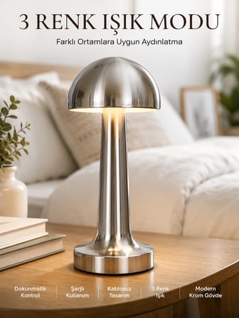Hediye Modern Mantar Masa Lambası Dokunmatik 3 Işık Modlu Şarjlı Kablosuz Led Yeni Nesil