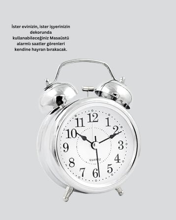 Hediye Alarmlı Dekoratif Yuvarlak Masa Saati Gümüş Renk Sessiz Ve Işıklı