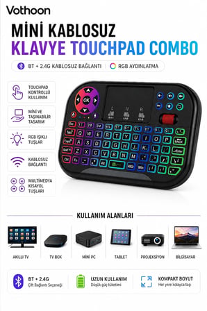 Hediye Rgb Işıklı Mini Kablosuz Klavye Touchpad Combo, Bluetooth Ve 2.4g Smart Tv Kumandası