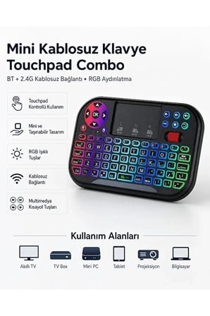Hediye Rgb Işıklı Mini Kablosuz Klavye Touchpad Combo, Bluetooth Ve 2.4g Smart Tv Kumandası