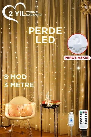 Hediye Torima Lw-7 300 Ledli 10 Sarkıt Perde Led Işık, 8 Modlu Uzaktan Kumandalı, 3x3 Metre Peri Telli Led