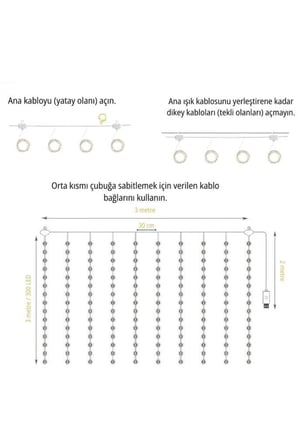 Hediye Torima Lw-7 300 Ledli 10 Sarkıt Perde Led Işık, 8 Modlu Uzaktan Kumandalı, 3x3 Metre Peri Telli Led