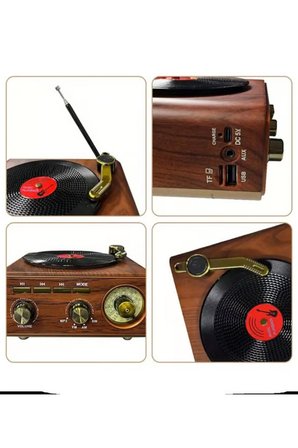 Hediye Nostaljik Tasarım Plak Çalar Görünümlü Radyolu Bluetooth Hoparlör Retro Müzik Plak